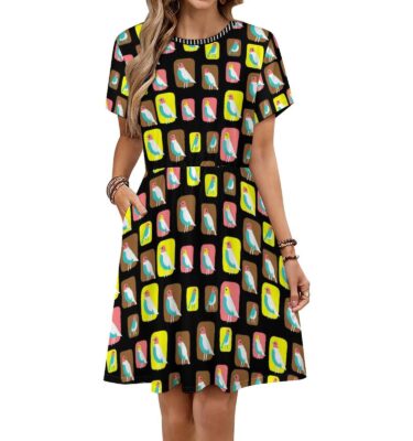 mid century modern birds cool comfy summer knit dress . original illustration