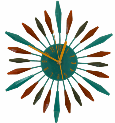 olive green and burnt orange and teal retro resin clock