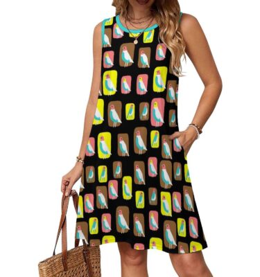 MID CENTURY MODERN BIRDS cool comfy sleeveless summer knit dress . original ILLUSTRATION
