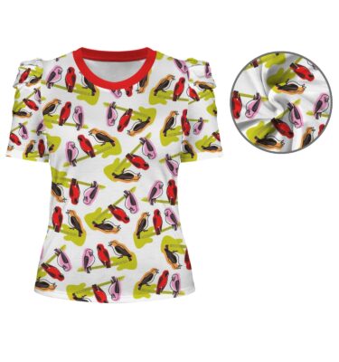 MCM BIRDS ON A GUITAR puff sleeve tee - original illustration